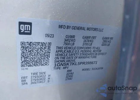 2023 Chevrolet Tahoe 4Wd High Country z USA, uszkodzony, nr VIN 1GNSKTKL5PR398671